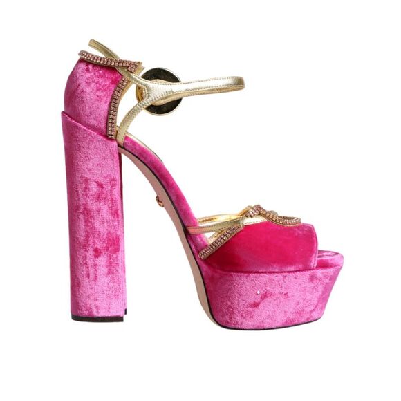 Dolce & Gabbana Pink Velvet Platform Ankle Strap Heel Sandals Women's Shoes